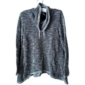 Woven Top Long Sleeve Cowl Neck Drawstring Black Gray White Light Weave XSmall